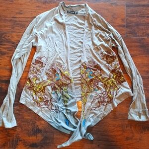 Grey Lightweight Jersey Cardigan with Graphic Art Print Skater Goth Y2K